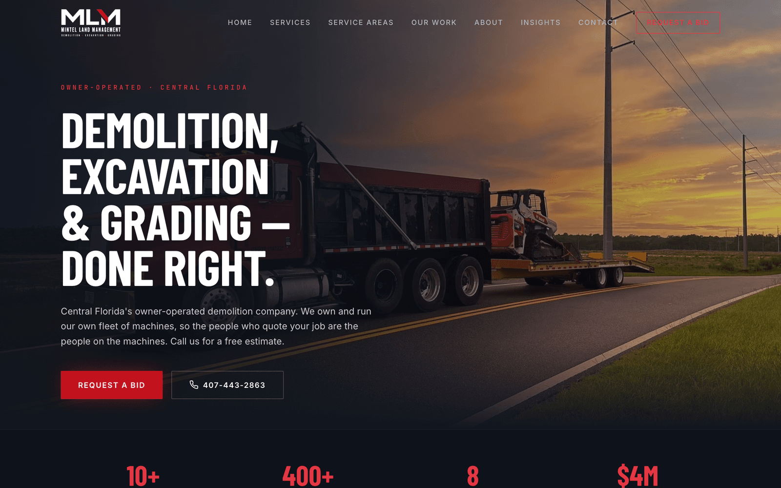 Mintel Land Management homepage with dump truck and skid steer at sunset