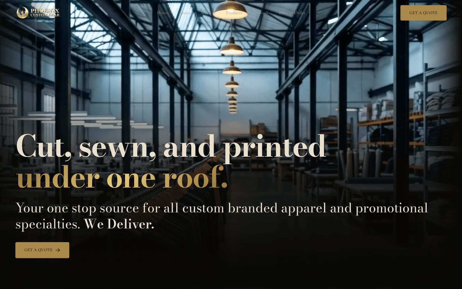 Phoenix Custom Gear homepage with factory-floor hero